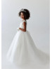 Cap Sleeve Beaded Ivory Lace Tulle Illusion Pearl Buttons Back Flower Girl Dress